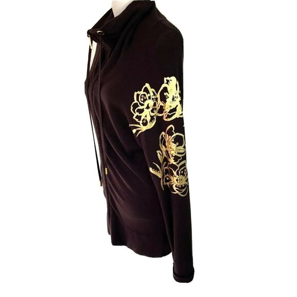 Cache Jacket Large L Womens Vintage Floral Knit Zipper Front Brown Gold Metallic - Picture 3 of 14